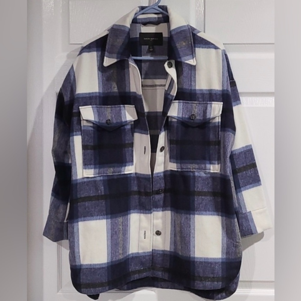 Banana Republic - EUC - Flannel Navy Plaid Shirt Coat. Size XS Petite.